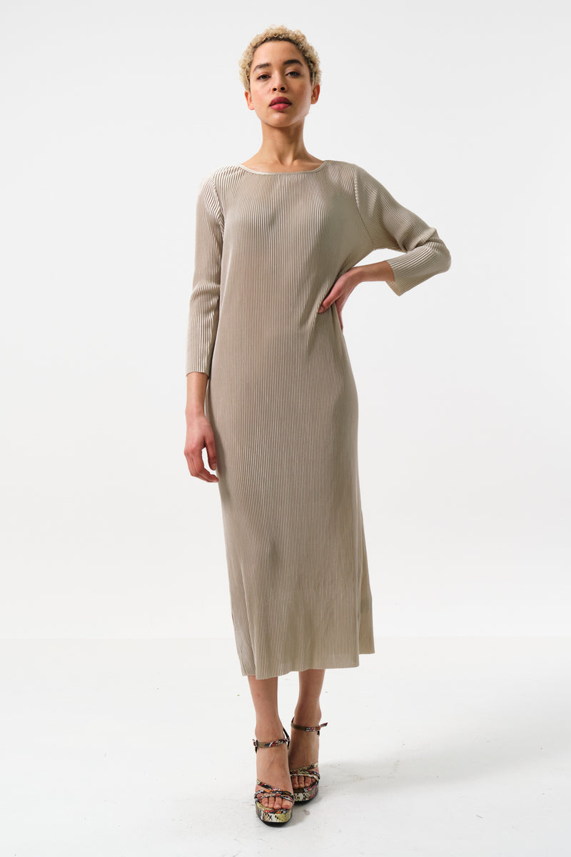 Joeva Pleated Midi Dress - Stone - Front