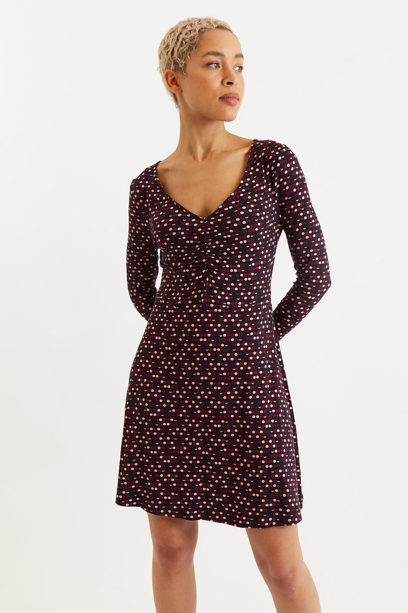 Jona Retro Dots Print Long Sleeve Mini Dress - Front