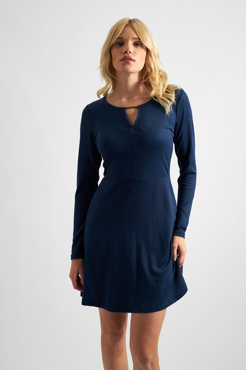 Josy Brushed Marl Jersey Skater Style Mini Dress - Navy - Front