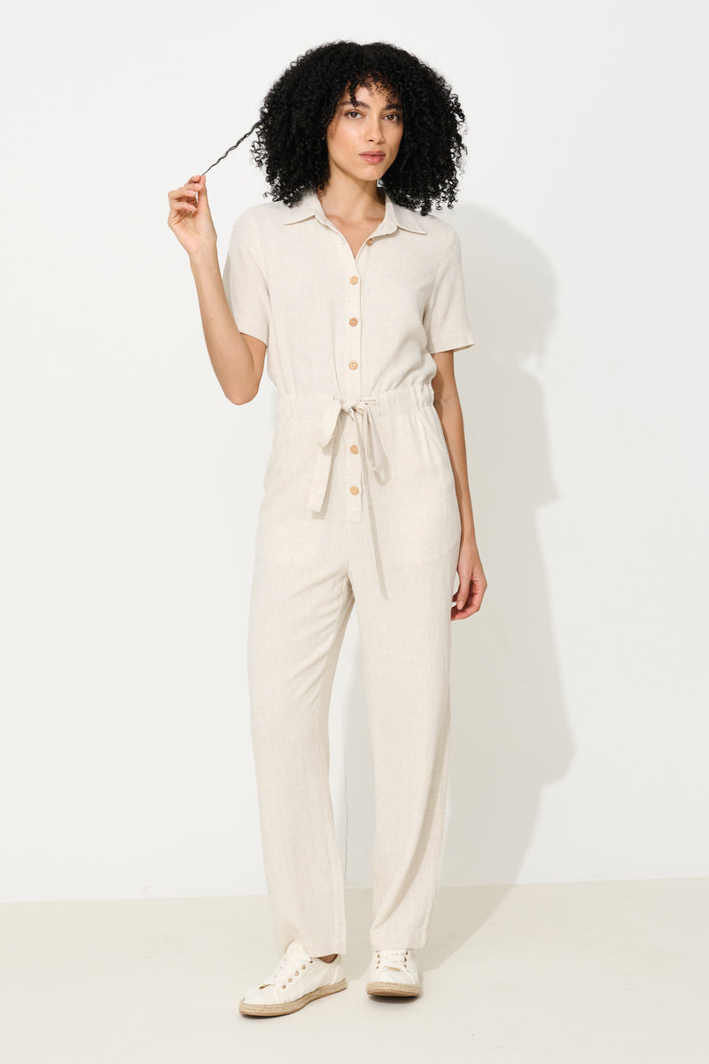 Justin Linen Mix Short Sleeve Jumpsuit - Natural - Front