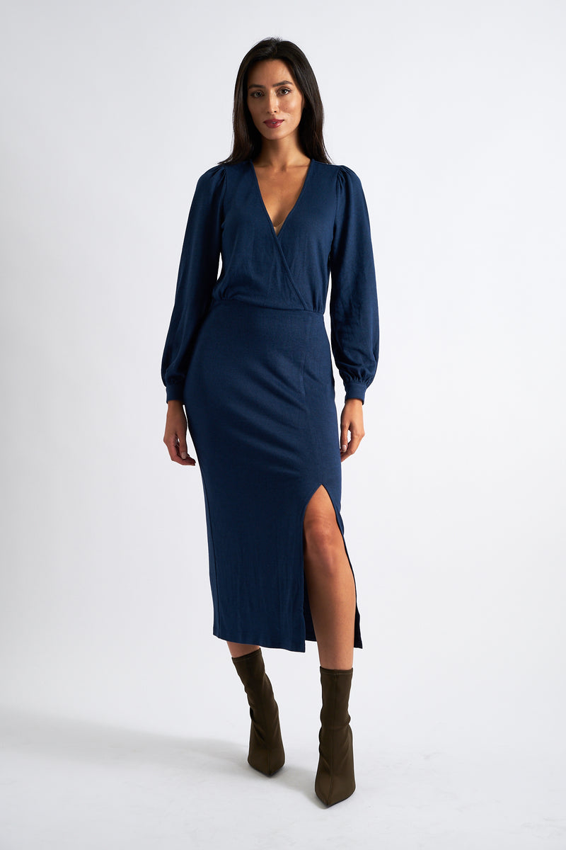 Karen Brushed Marl Jersey Midi Dress - Navy - Front