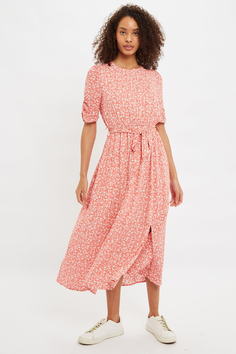 Louche Kiza Micro Blossom Print Short Sleeve Midi Dress In Pink - Front
