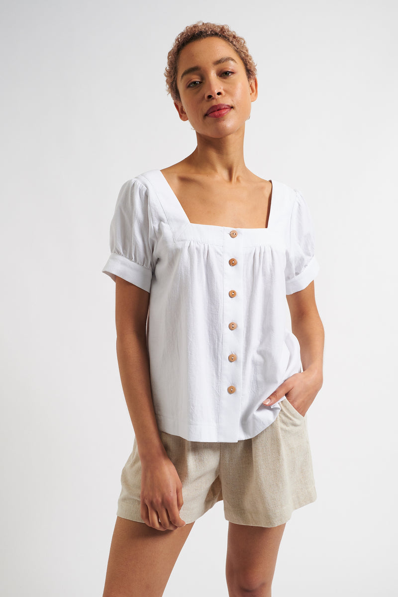 Lea Recycled Cotton Square Neck Short Sleeve Blouse - White - Front