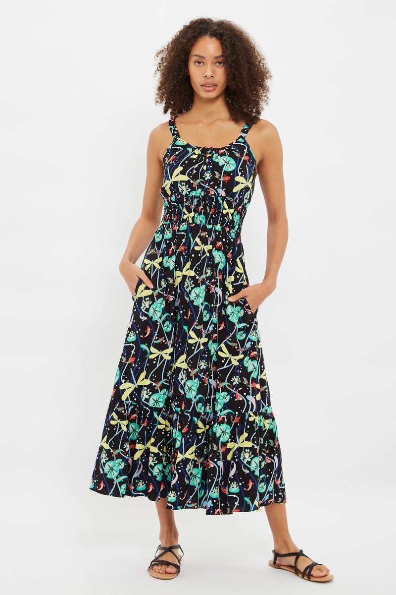 Leda Pond Print Shirred Waist Midi Sundress - Front