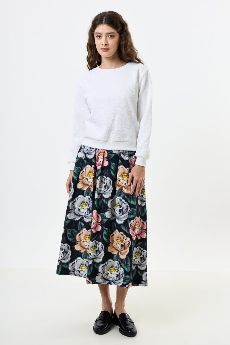 Lizea Peonies Print Pleated Midi Skirt - Black - Front