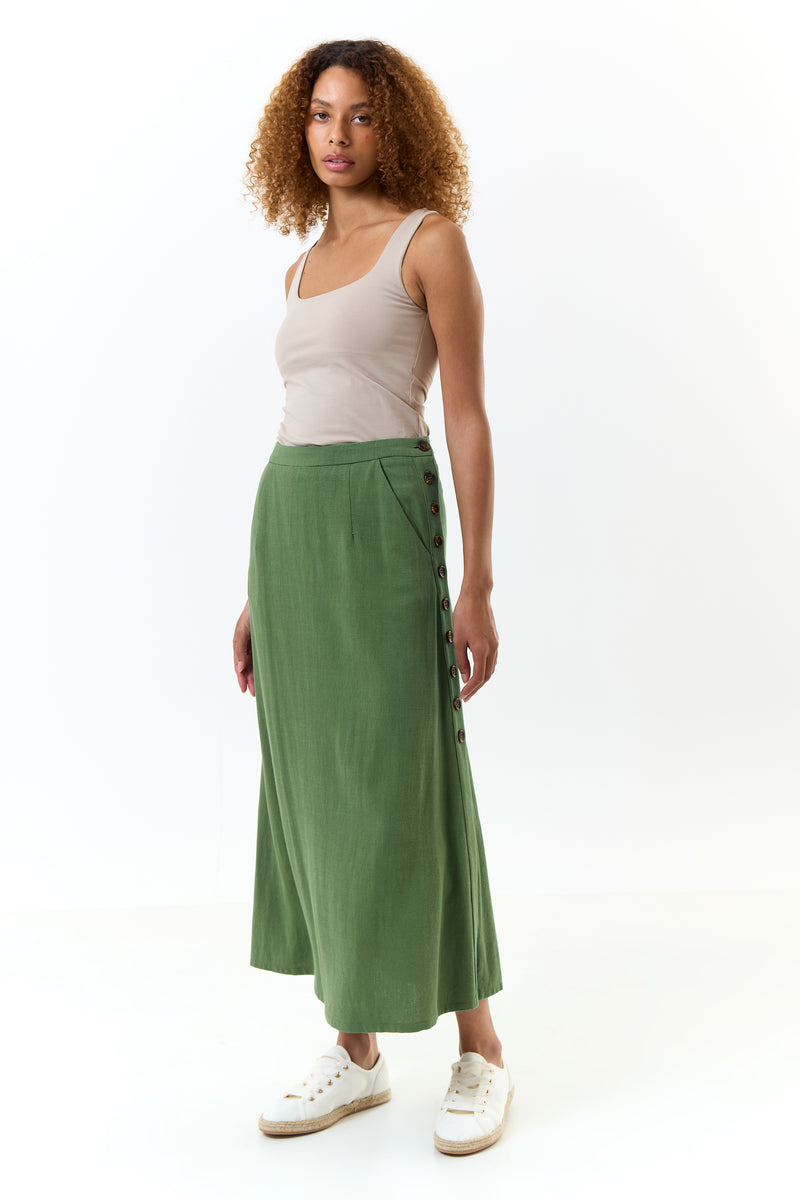Lloyd Linen Mix Button Side Midi Skirt - Green - Front