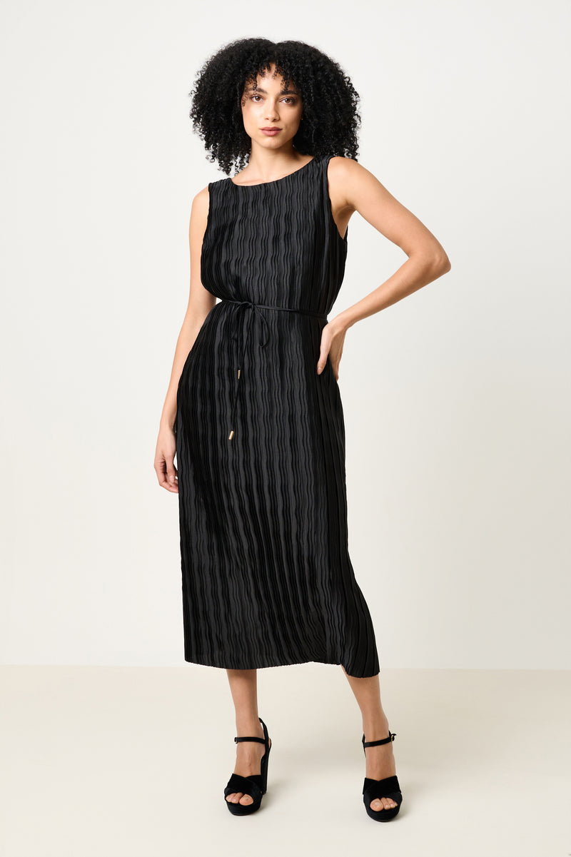 Lumina Pleat Surprise Sleeveless Midi Dress - Black - Front
