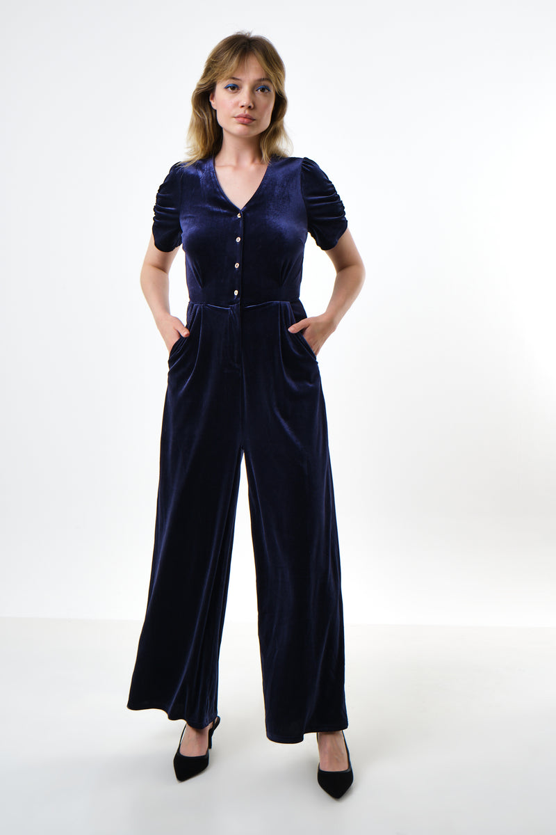 Lyes Velvet Short Sleeved Jumpsuit - Navy - Front