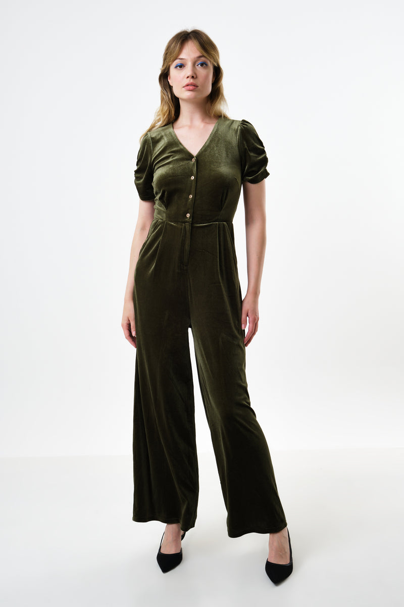 Lyes Velvet Short Sleeved Jumpsuit - Sage - Front