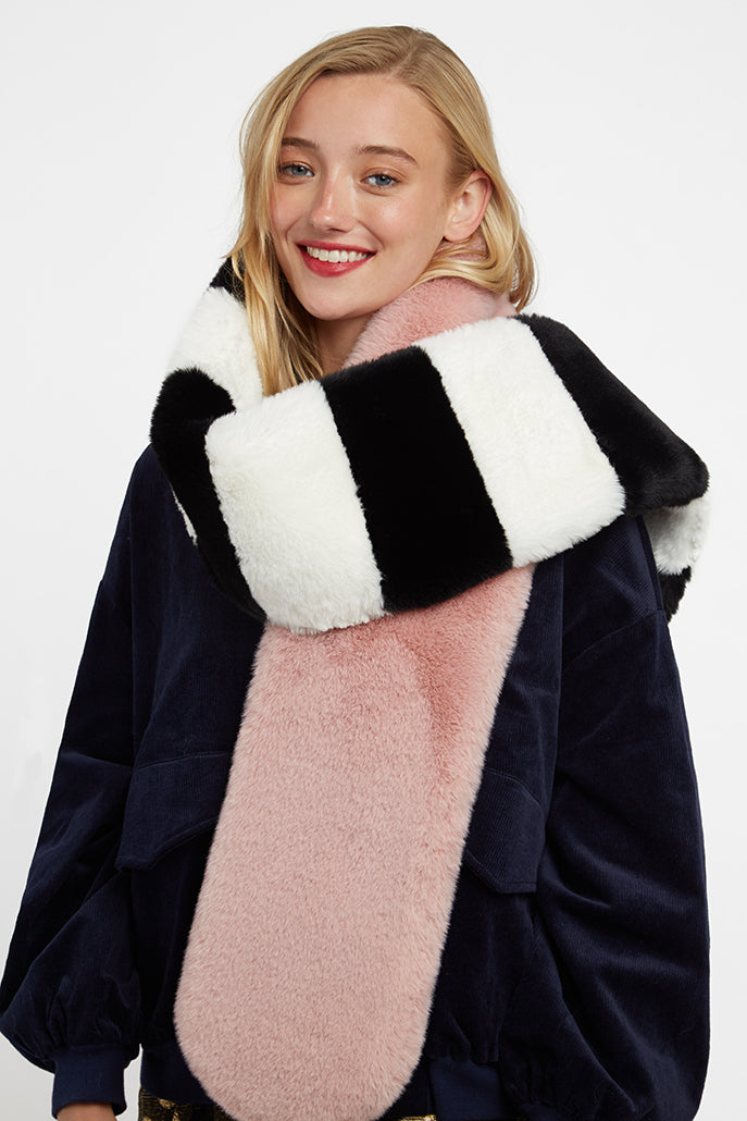 Lotan Pink, Black and White Faux fur Scarf - Front