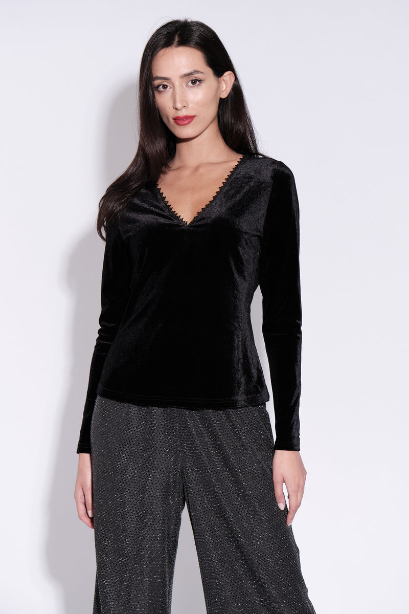 Maeko Velvet V Neck Top in Black - Front