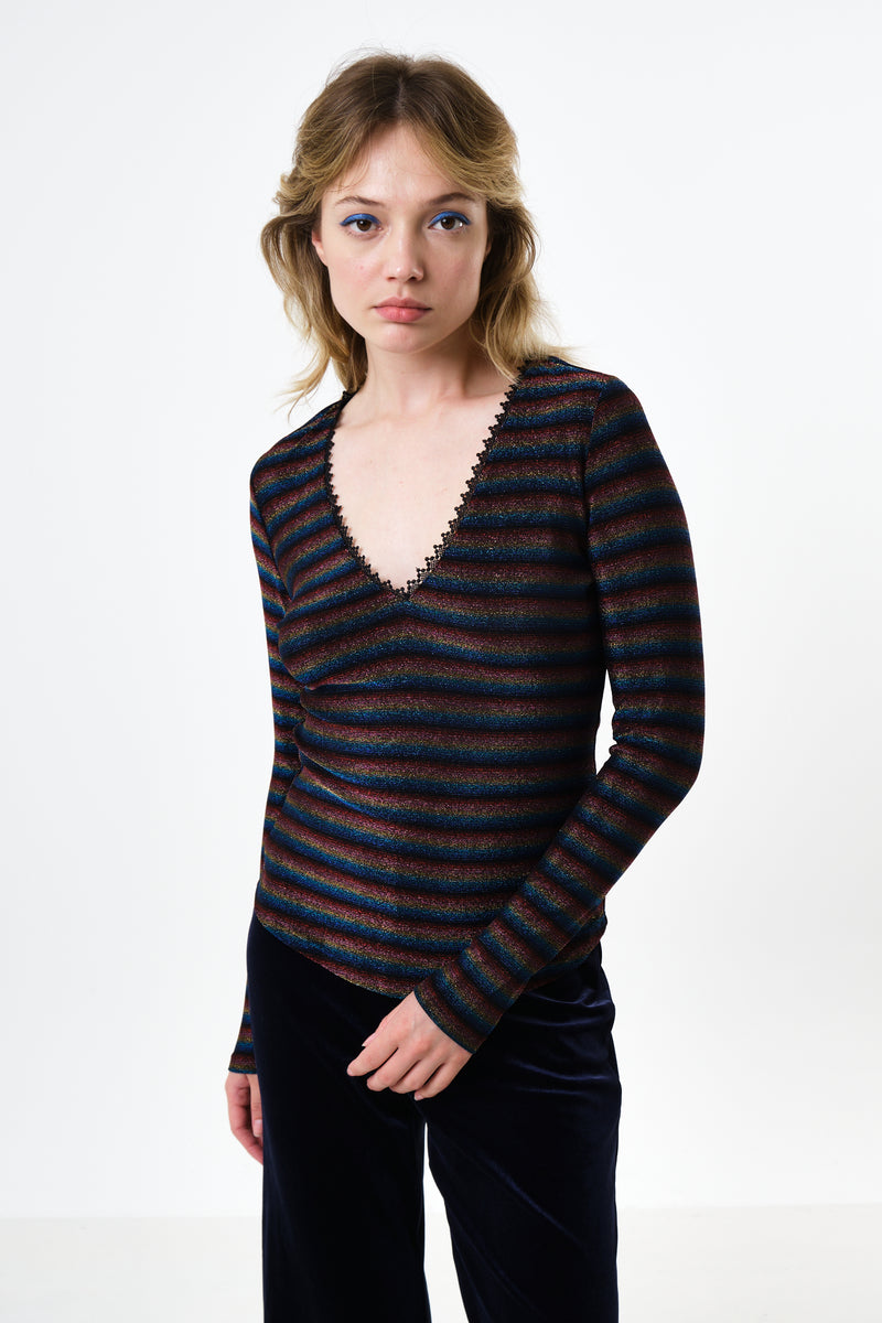 Maeko Sparkle Stripe V-Neck Top - Gold - Front