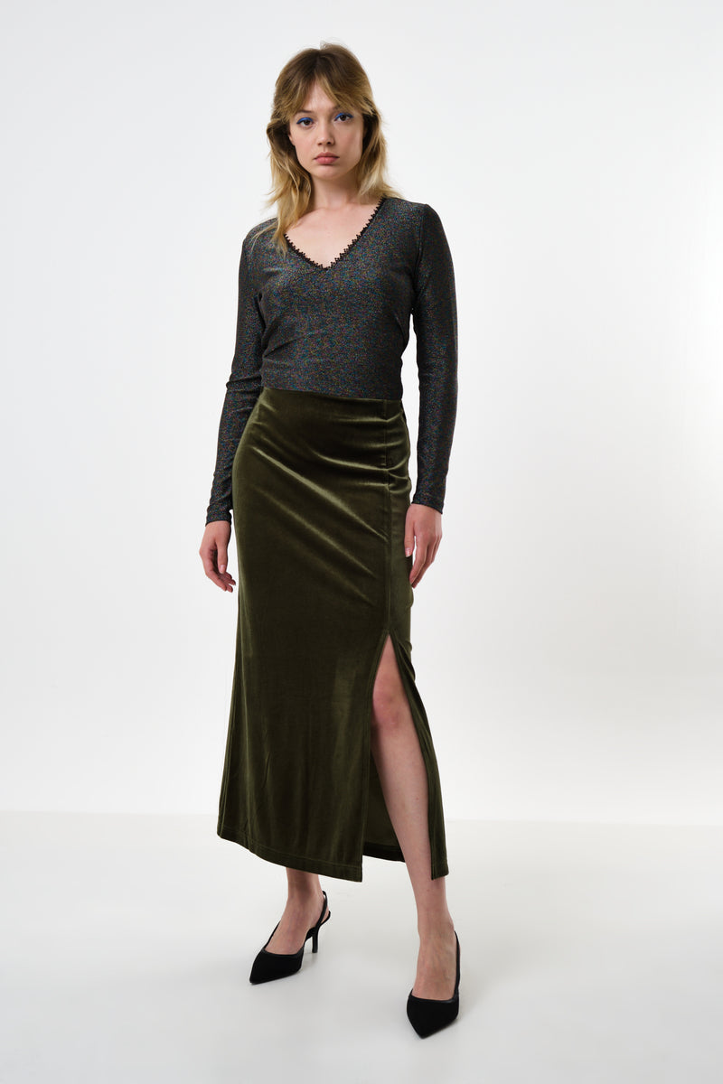 Mahee Velvet Midi Skirt - Sage - Front