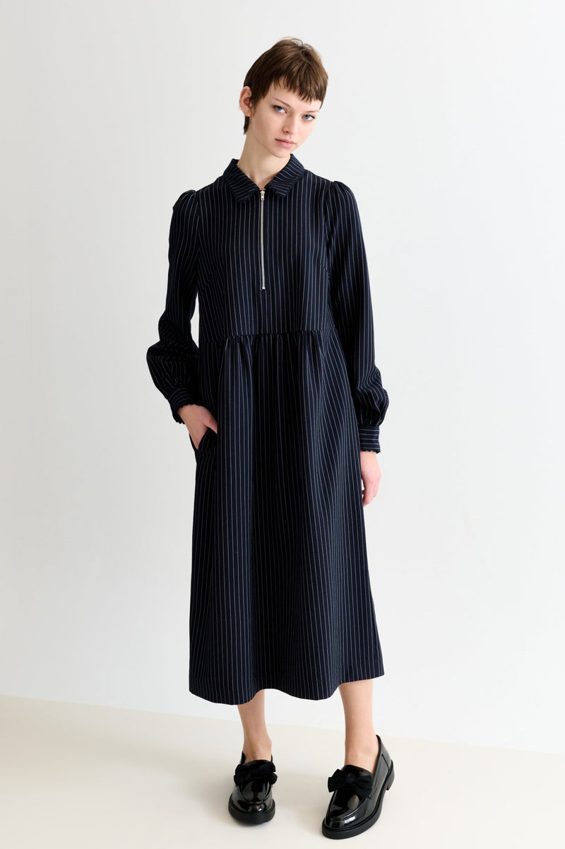 Manton Pinstripe Zip Front Lace Trim Midi Dress - Navy - Front