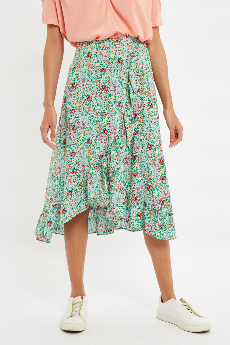 Louche Mara Flower Show Print Ruffle Hem Wrap Midi Skirt - Front