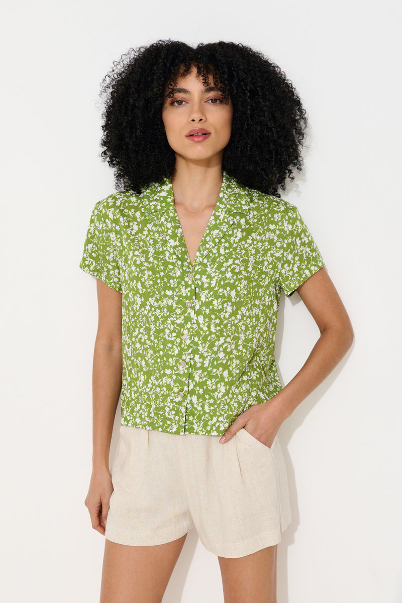 Marika Negative Floral Print Short Sleeve Shirt - Green - Front