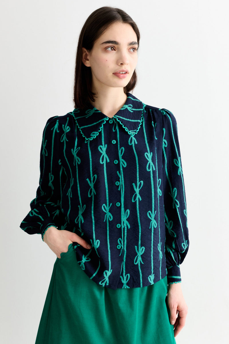 Martta Tie Up Lace Trimmed Collar Blouse - Navy - Front