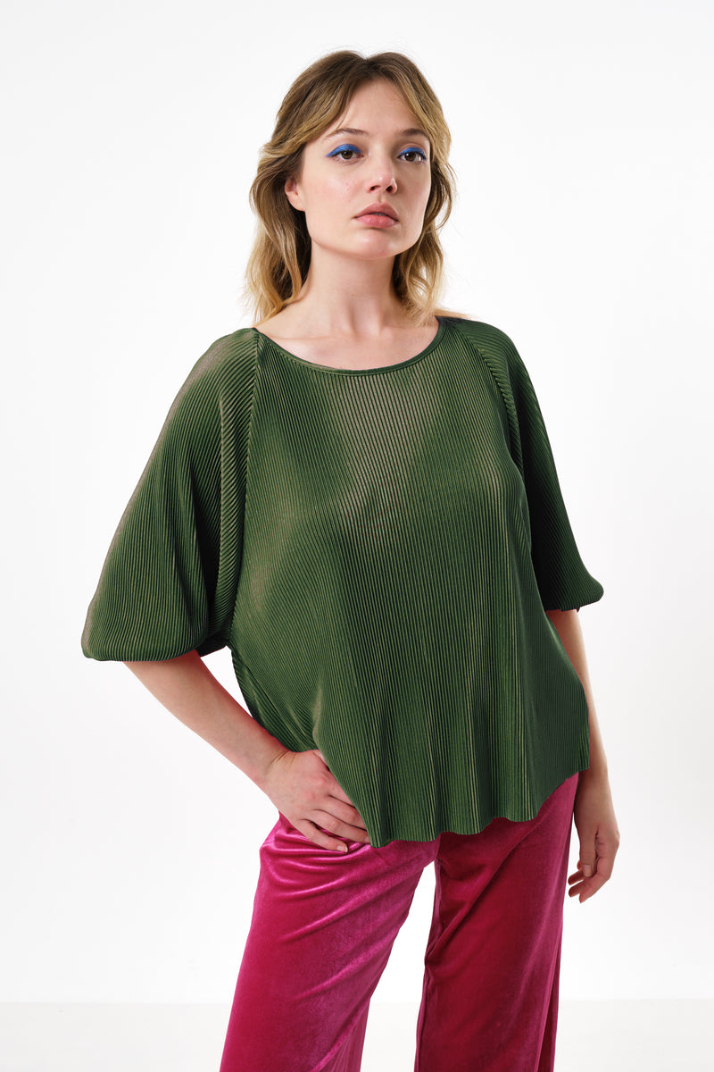 Mayanna Pleat 3/4 Sleeve Top - Sage - Front