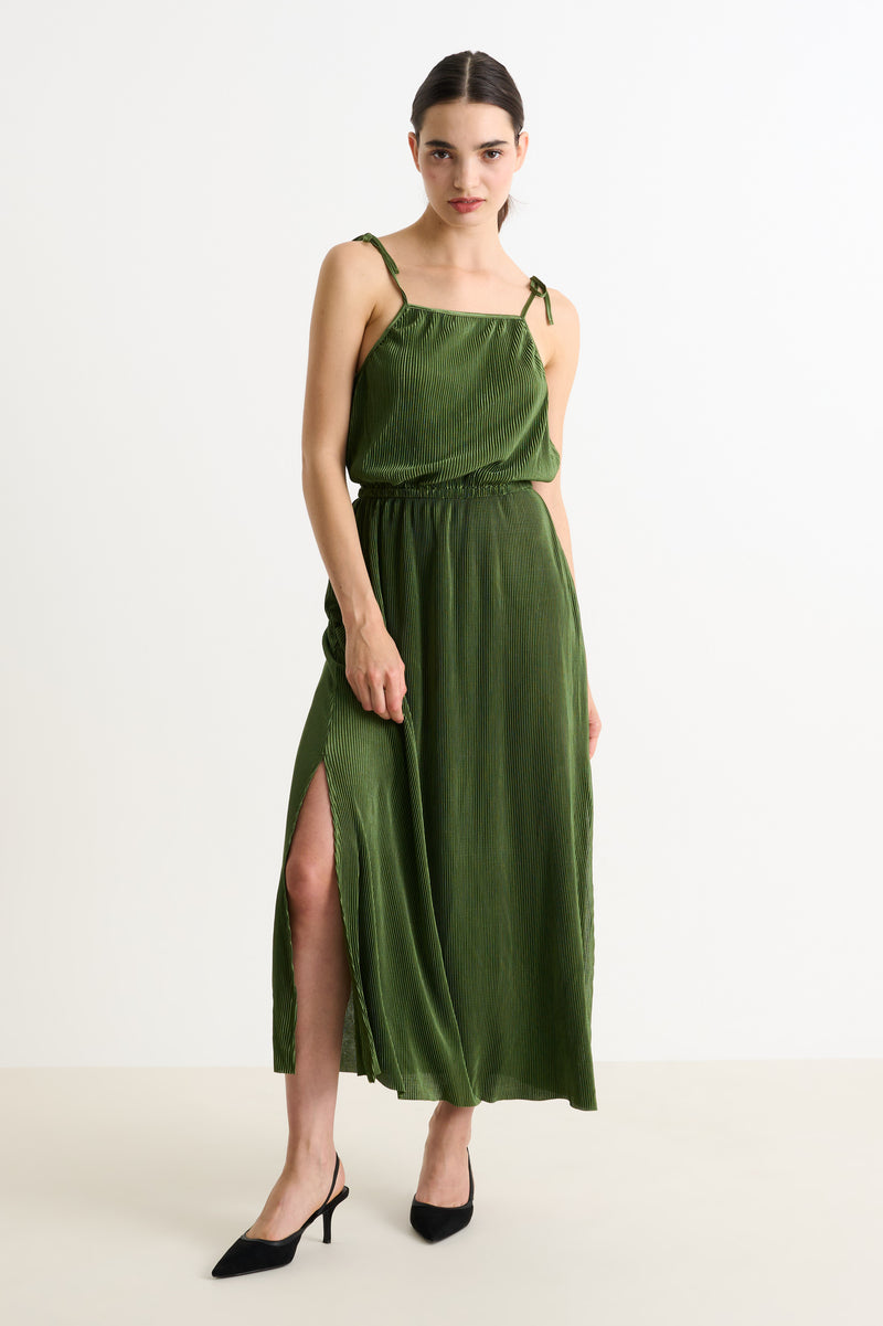 Mayra Pleat Sage Strappy Maxi Dress - Front