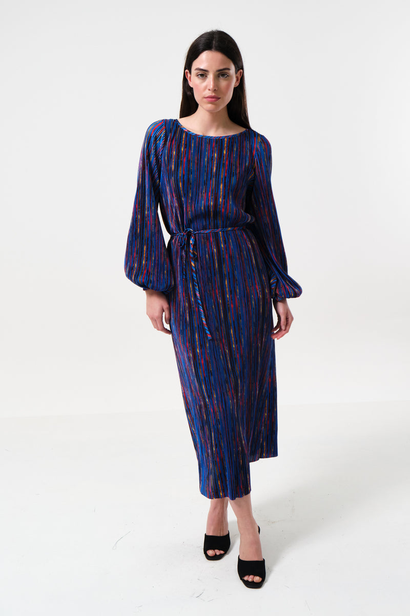 Milene Abstract Pleat Tie Waist Midi Dress - Front