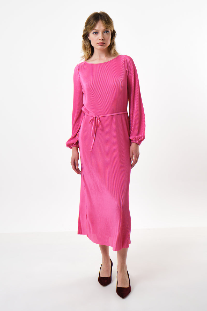 Milene Pleat Long Sleeve Midi Dress - Pink - Front