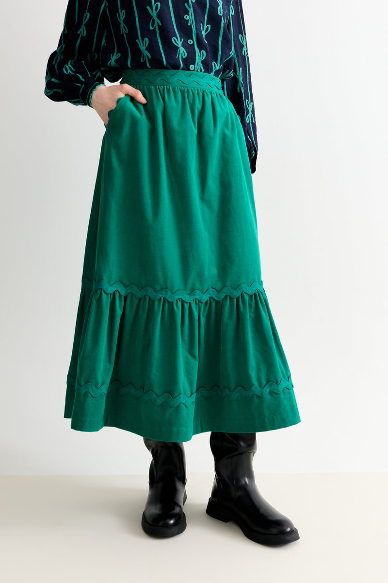 Montana Babycord Ric Rac Trim Tiered Midi Skirt - Teal - Front