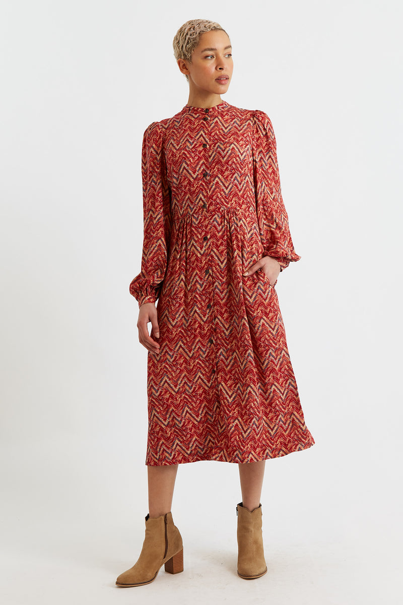 Nayma Art Attack Print Long Sleeve Midi Dress - Red - Front