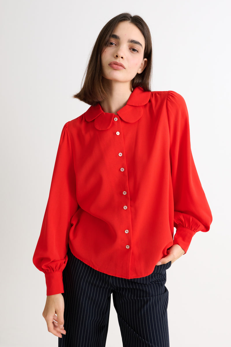 Octavia Crepe Petal Collar Blouse- Red - Front