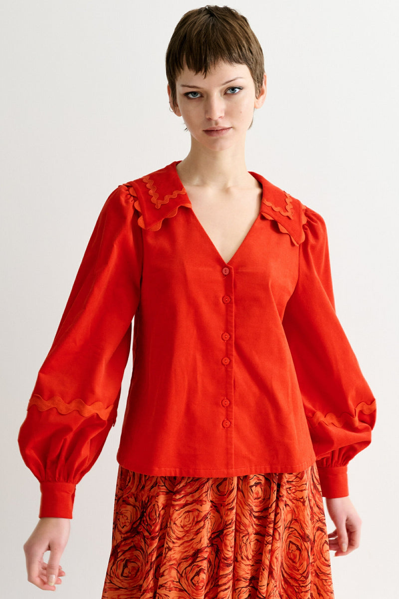 Pallas Babycord Big Collar Ric Rac Trimmed Blouse - Red - Front