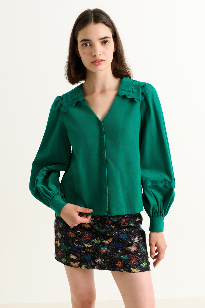 Pallas Babycord Big Collar Ric Rac Trimmed Blouse - Teal - Front