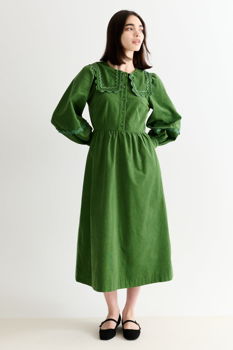Prudence Babycord Big Collar Ric Rac Trim Midi Dress - Olive - Front