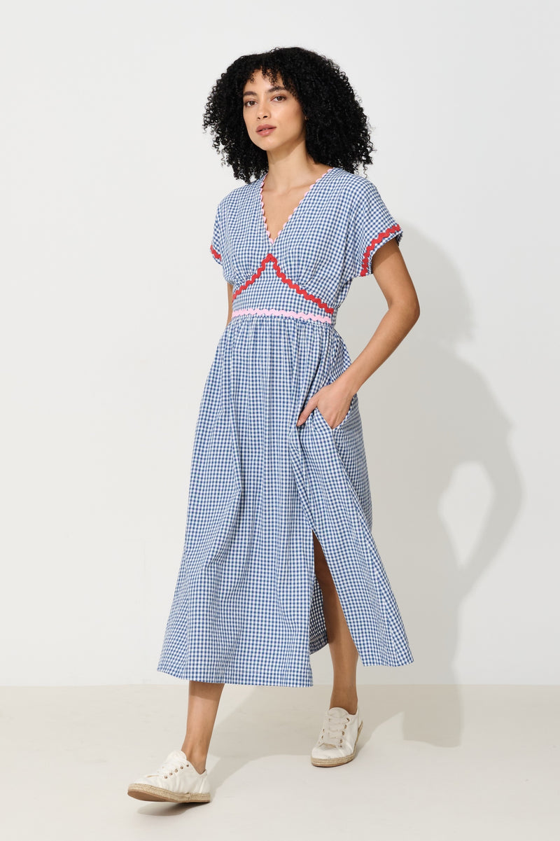 Unity Gingham Ric Rac Trim V-Neck Midi Dress - Blue - Front