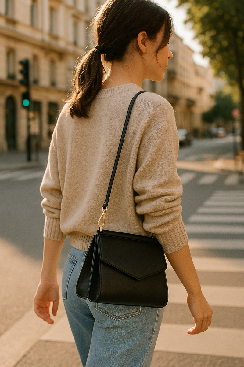 Thea Black Double Flap Crossbody Bag - Front