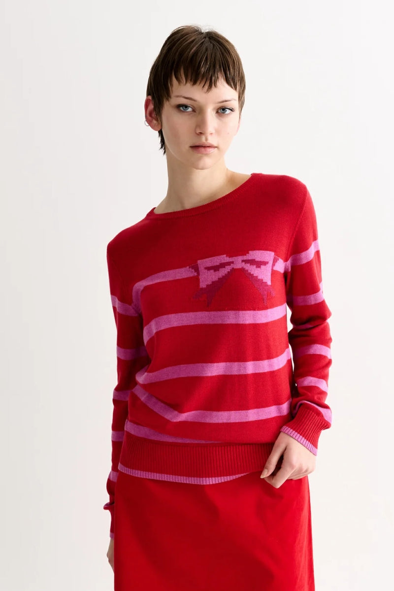 Bly Bow Intarsia Striped Jumper – Red - Front