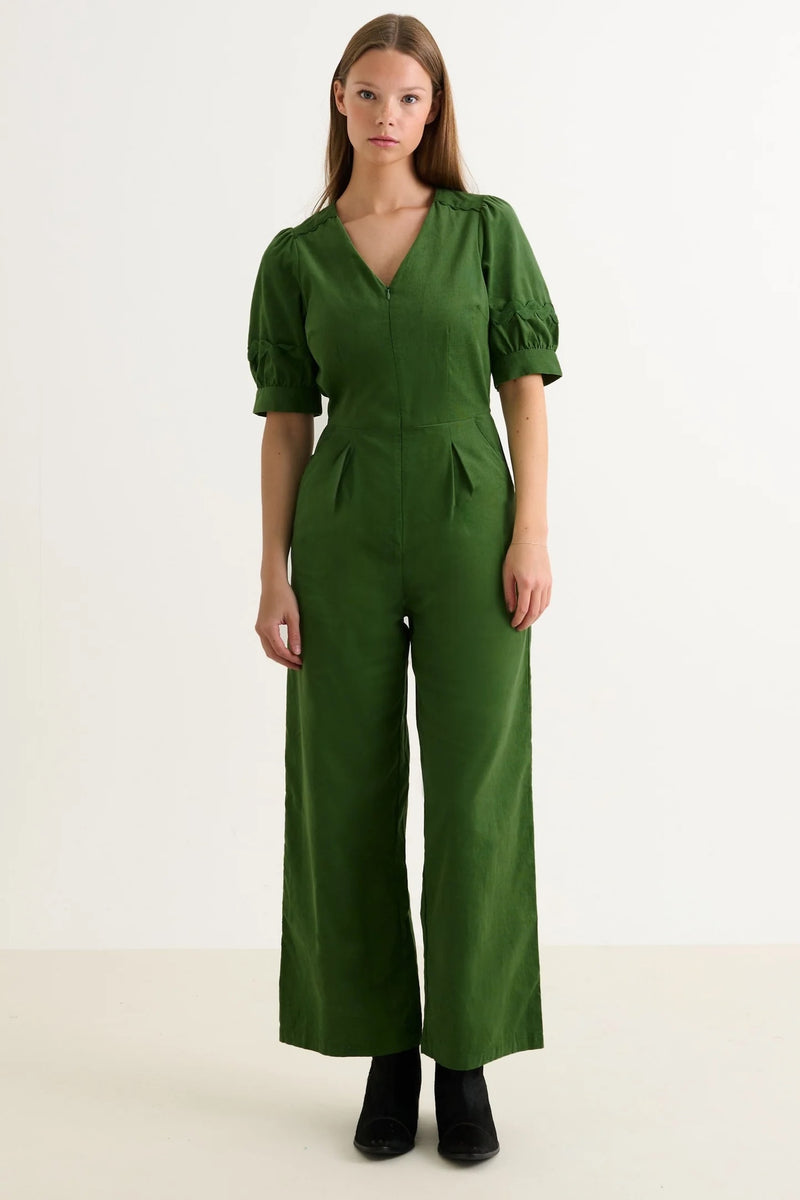 Finlay Babycord V Neck Ric Rac Trim Jumpsuit - Olive Green - Front