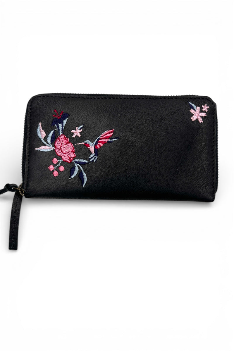 Hummingbird Embroidered Leather Zip Purse - Front