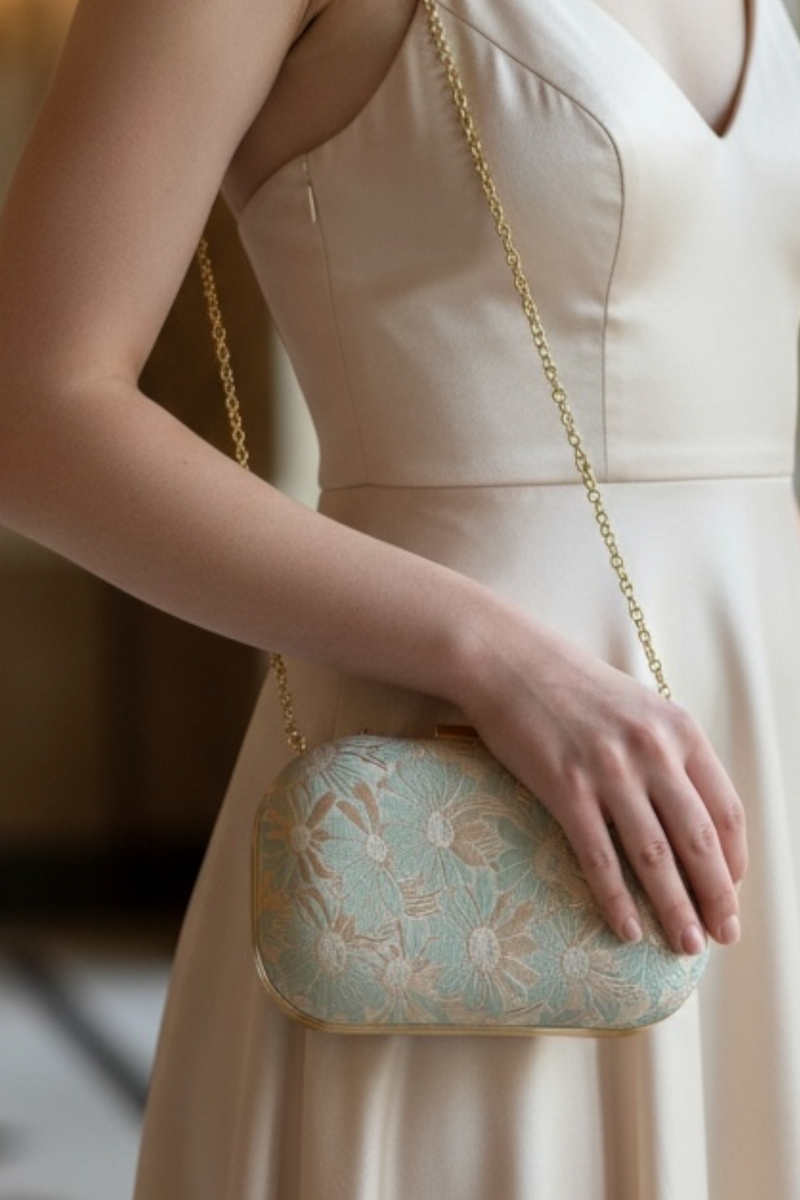 Chance Mint And Gold Jacquard Evening Bag - Front