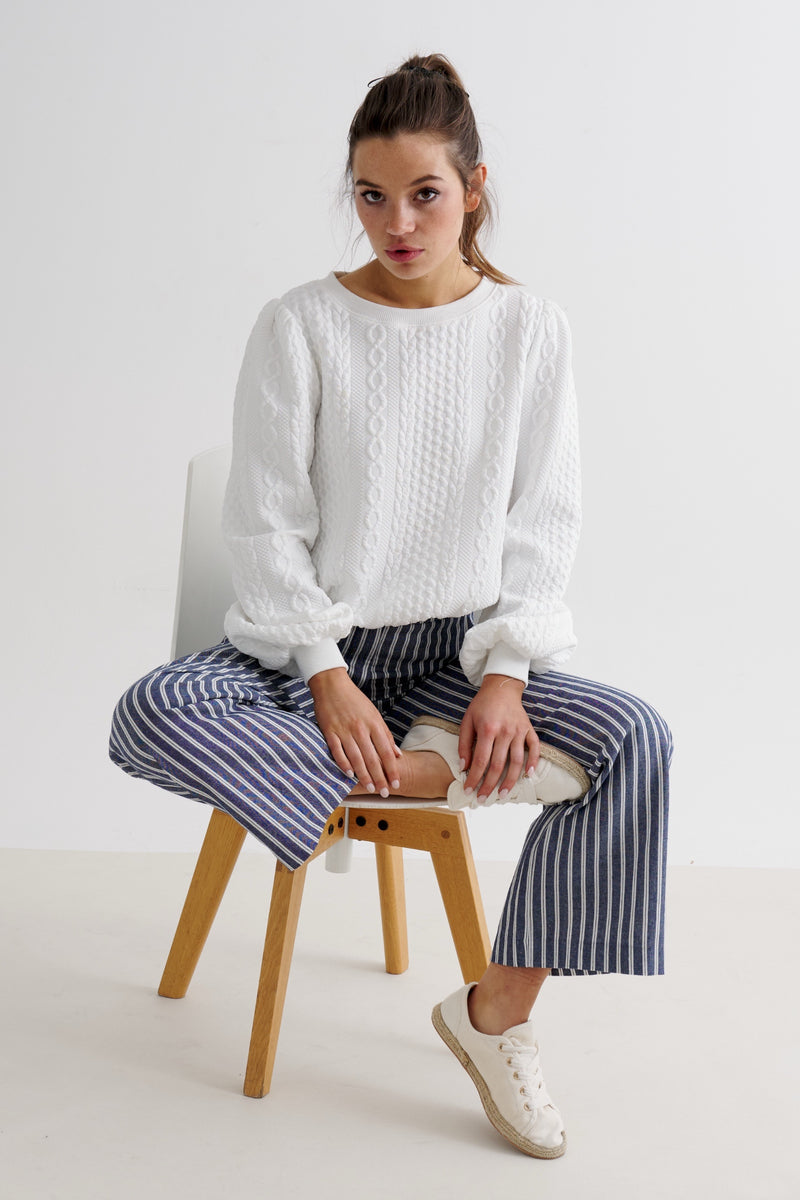 Ellie Cable Quilt Puff Sleeve Sweatshirt - White - Front