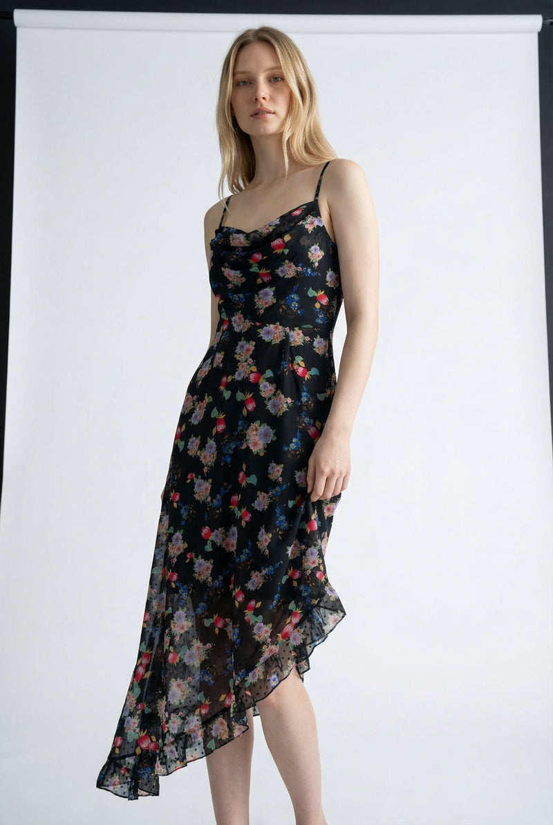 Louche Dina Carpathian Florals Print Asymmetric Strappy Midi Dress - Front