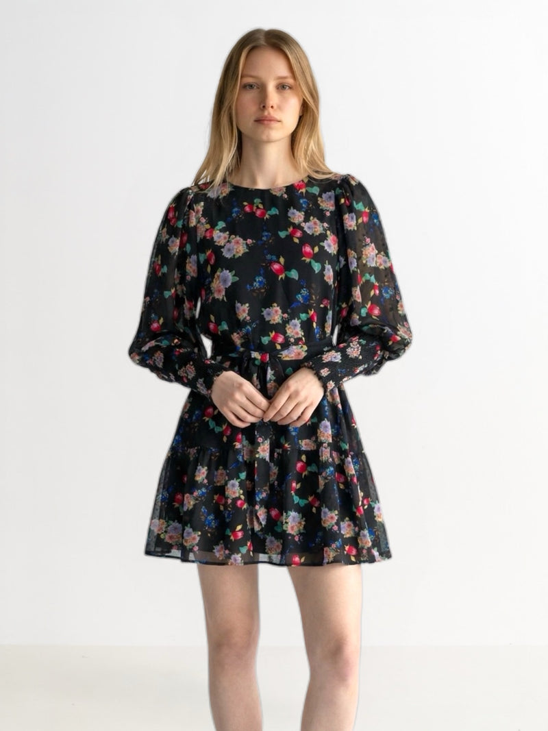 Louche Daphne Carpathian Florals Print Shirred Cuff Tie Waist Mini Dress - Front