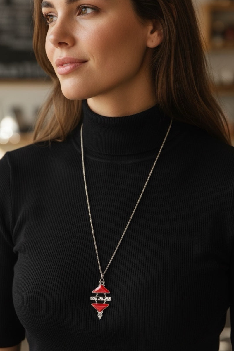 Red and Gold Triangles Pendant Necklace - Front