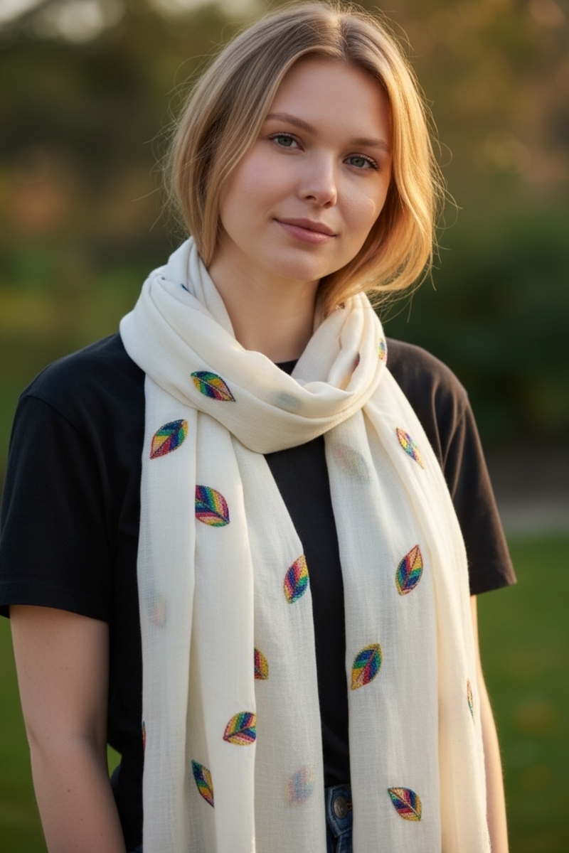 Kibi Cream Embroidered Leaf Scarf - Front
