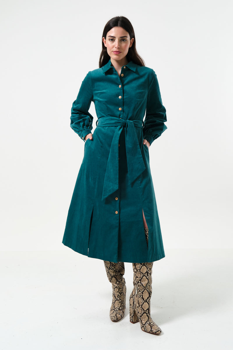 Rebecka Babycord Midi Shirt Dress - Petrol - Front