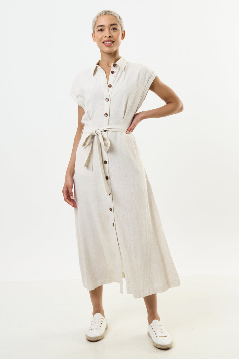 Reese Linen Mix Button Through Midi Shirt Dress - Natural - Front