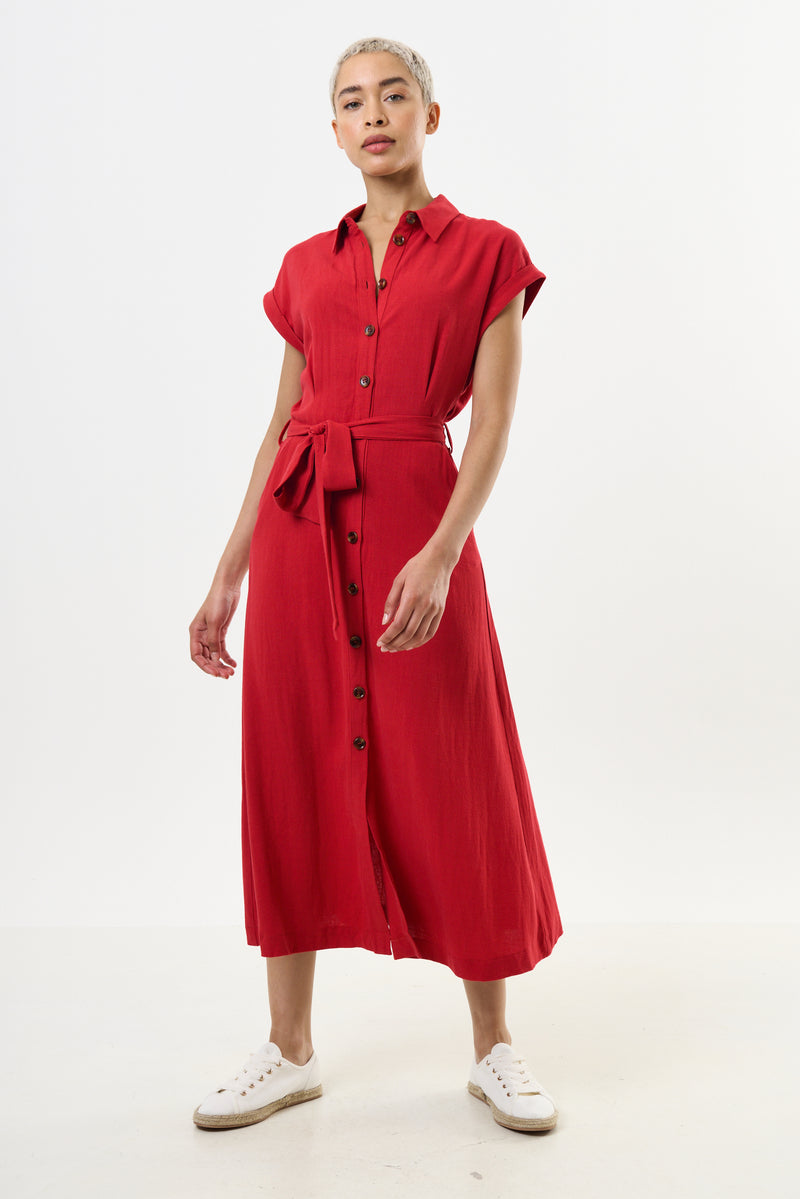 Reese Linen Mix Button Through Midi Shirt Dress - Red - Front