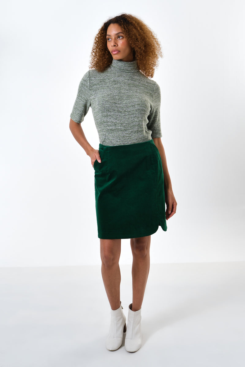 Ria Babycord A-Line Mini Skirt - Dark Green - Front