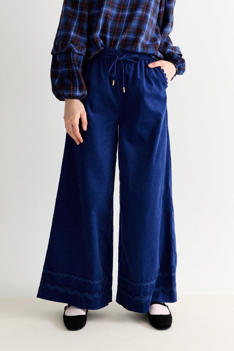 River Babycord Ric Rac Trim Wide Leg Trouser - Navy - Front