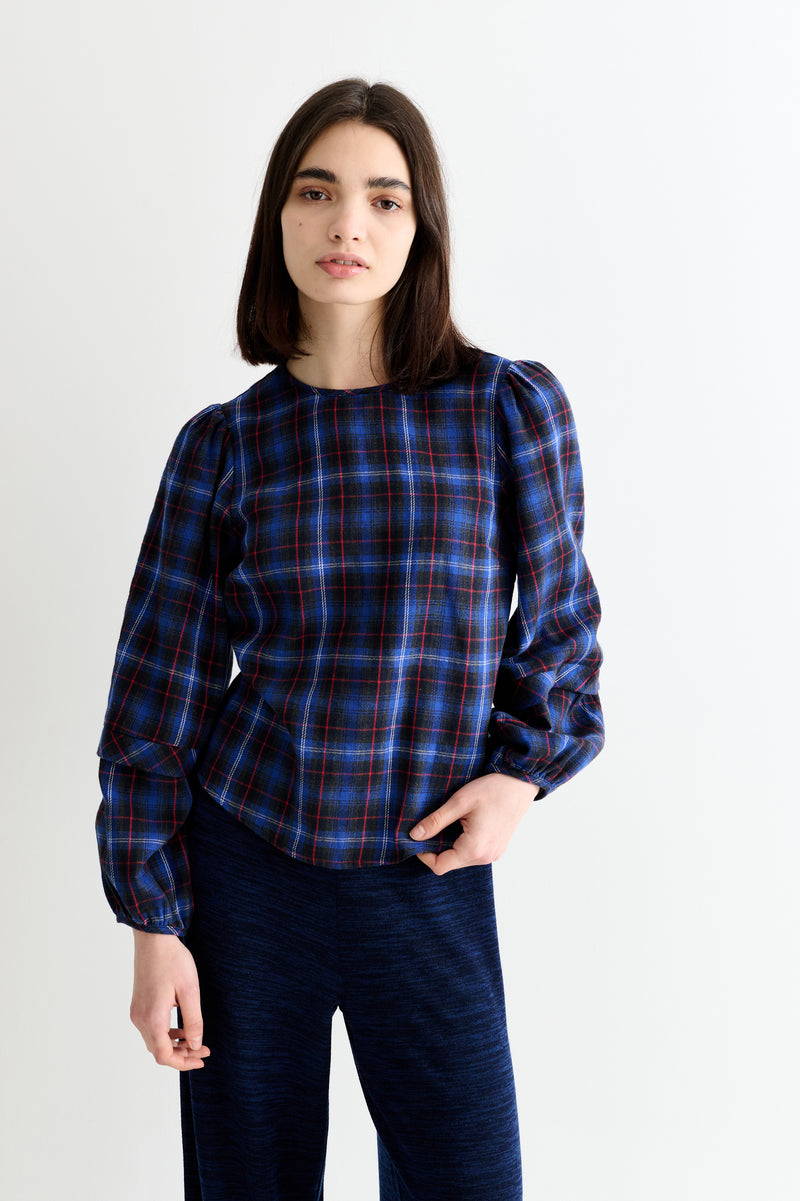 Rivka Winter Check Pleat Long Sleeve Blouse - Blue - Front