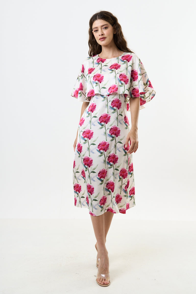 Rosso Loveflower Print Cape Midi Dress - Front