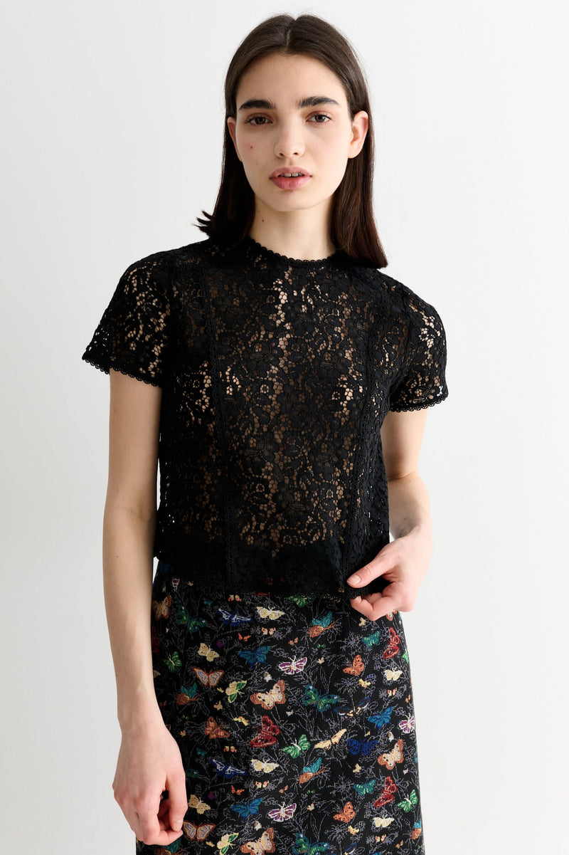 Rufaro Lace Trim Short Sleeve Blouse - Black - Front